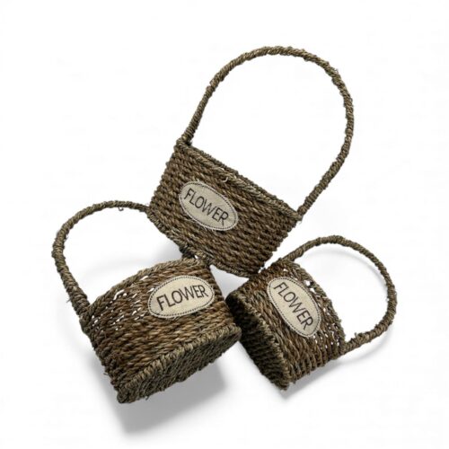 Set 3 coșuri din nuiele cu mâner pentru aranjamente florale