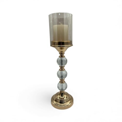 Suport lumânări decorativ mijlociu QUE107 din sticlă și metal auriu, dimensiune 13x29 cm.