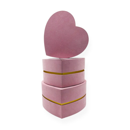 Set 3 Cutii Flori in Forma de Inima Roz Catifea 26 x 26 x 14 cm