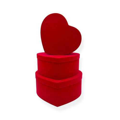 Set 3 Cutii Inima Flori Rosu Catifea