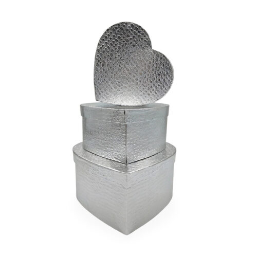 Set 3 Cutii Inima Flori cu Textura Lucioasa Argintiu QUE185