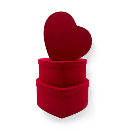 Set 3 cutii inima pentru trandafiri rosu catifea