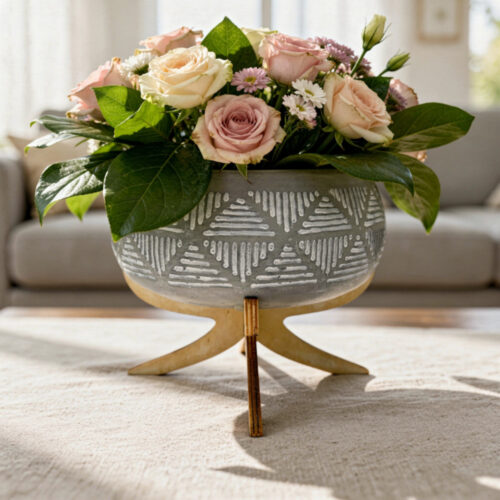 Vas ceramica rotund cu suport din lemn flori plante