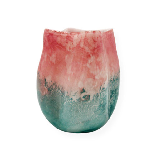 Vaza decorativa din sticla cu gat ondulat, roz-albastru, design modern