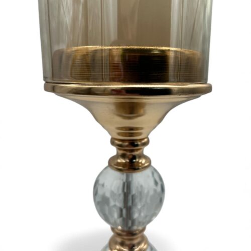 Alternative view of Suport lumanari auriu cu 3 cristale si cilindru din sticla H31 cm