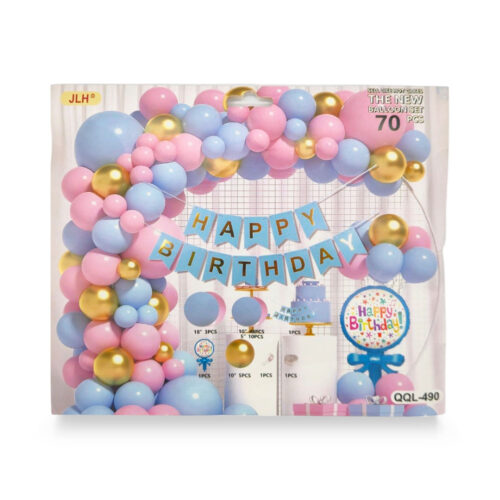 Set Baloane Happy Birthday Roz, Albastru, Auriu, 70 buc